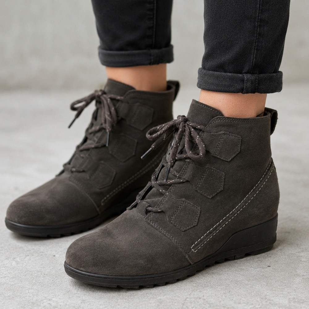 Sorel Evie Lace Ankle Boots Women 9.5 Grey Waterproof Suede Wedge